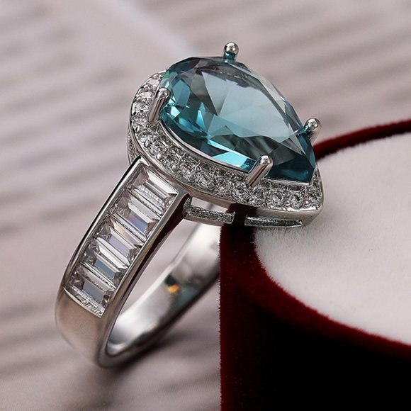 🎀DAINTY SEA BLUE WATER DROP CRYSTAL PURE CZ SILVER PEAR RING FOR WOMEN, K916 - Picture 3 of 8